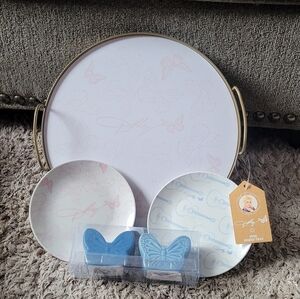 Dolly Parton Bundle Pink Butterfly Decorative Tray, Salt & Peper Set & 2 Plates